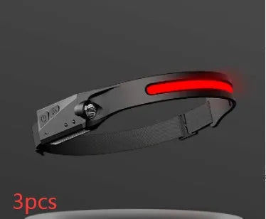 Black silicone USB rechargeable headlamp with a wide COB LED lens and a side wave sensor.