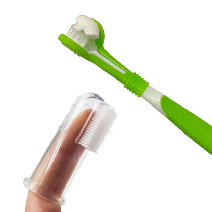 Green pet toothbrush set with three-head dog toothbrush and silicone finger brushes