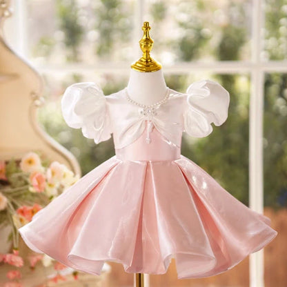 Girls pink puff sleeve princess dress with colour-coordinated design on hanger