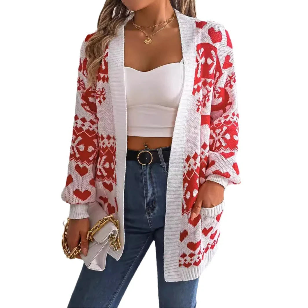 Cozy knit Christmas sweater for women with oversized deer print design and lantern sleeves