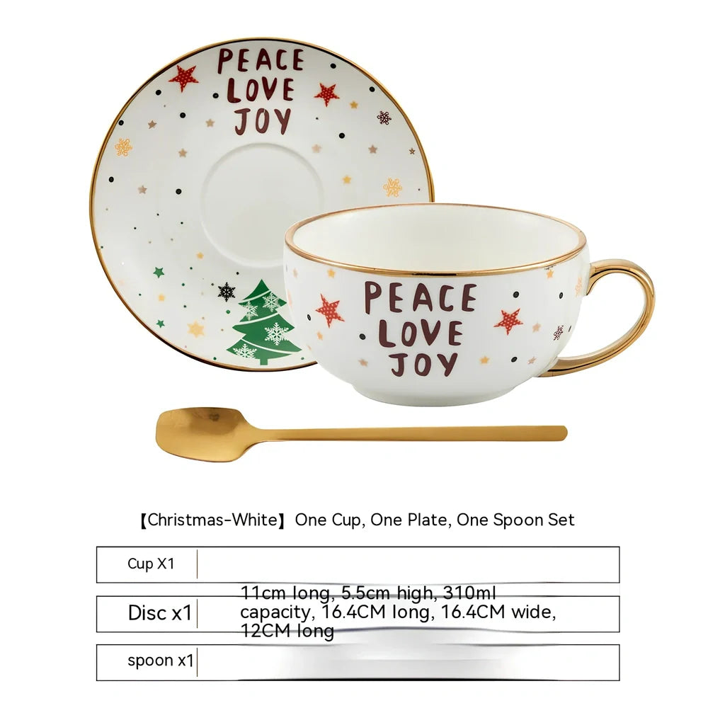 Christmas ceramic cup and saucer set with spoon featuring festive patterns and porcelain construction