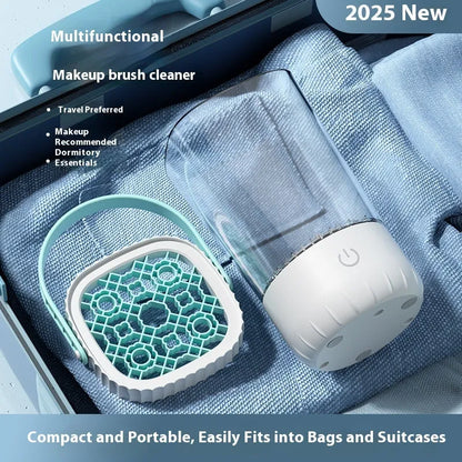 White rechargeable electric makeup brush cleaning device with USB cable, measuring 24cm length