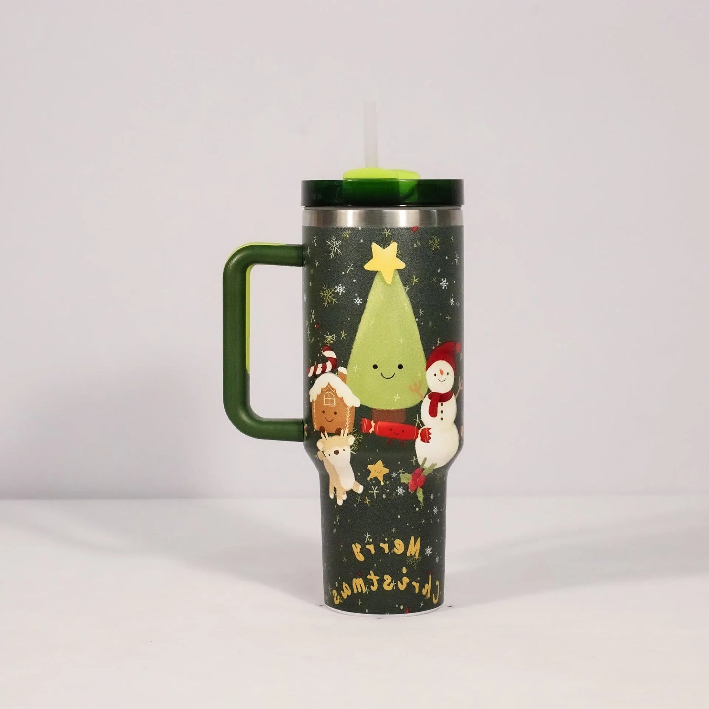 Stainless steel travel tumbler with handle, 1200ml capacity, Christmas pattern design, car cup holder compatible