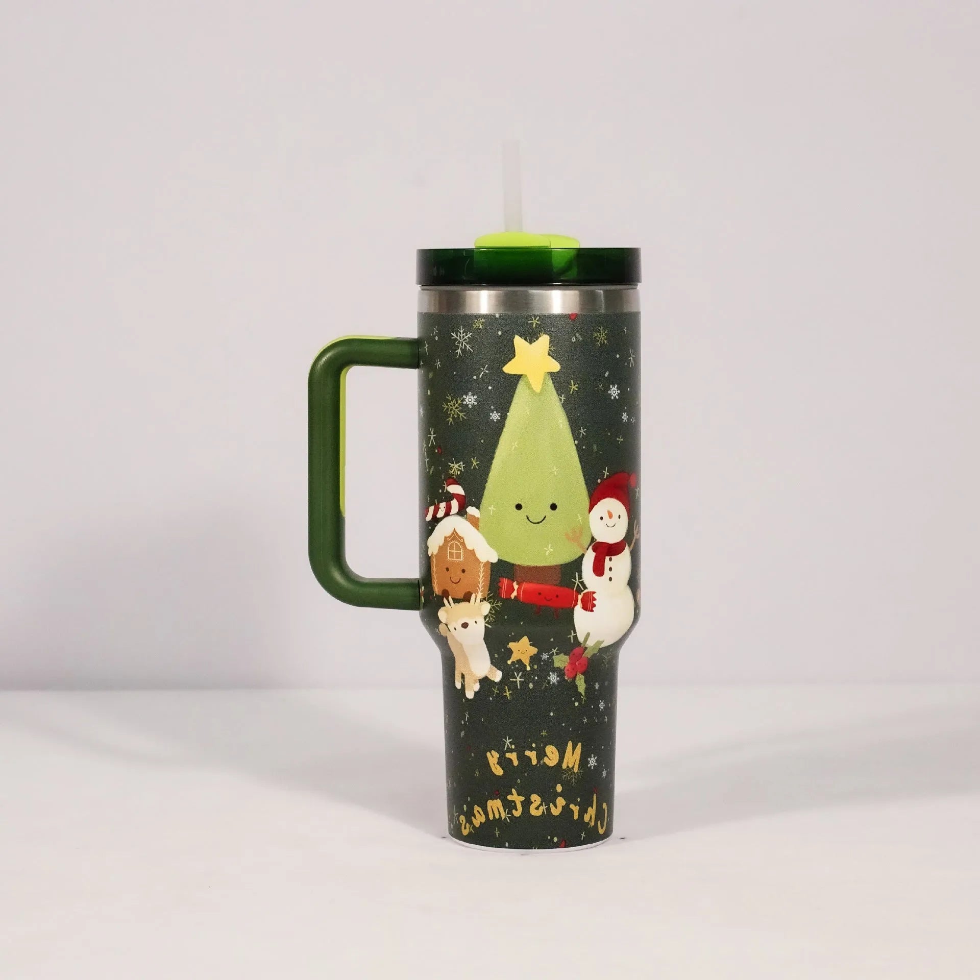 Stainless steel travel tumbler with handle, 1200ml capacity, Christmas pattern design, car cup holder compatible