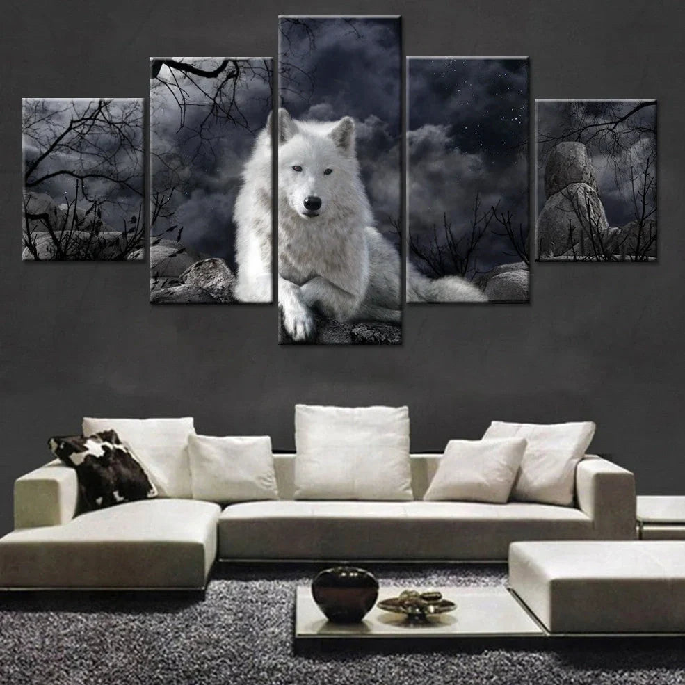 Five panel wolf canvas art set showing realistic animal imagery in multiple sizes from 10cm to 80cm