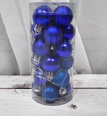 Assortment of 3cm diameter gold, red, silver, and blue barrel-shaped Christmas baubles with an electroplated finish.
