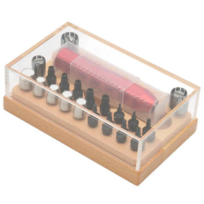 20-piece steel watch repair tool set with barrel-opening tools for clock maintenance