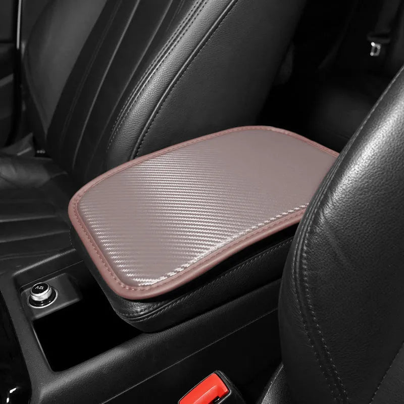 Universal leather car armrest cushion mat for centre console tray, shown in black colour, dimensions 29x19 cm.