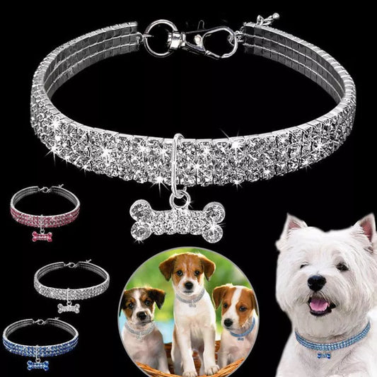 Adjustable bling rhinestone dog collar for small to medium pets in blue, white, and pink
