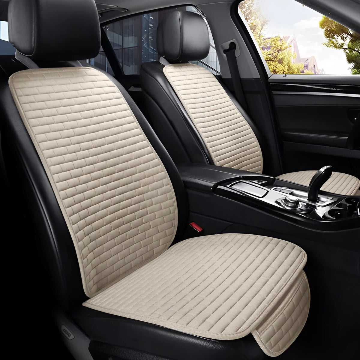 Linen car seat cushion three-piece protective pad with ventilation and sponge filler in black, black and red, grey, brown, or beige