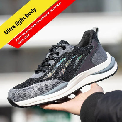 Men's black and grey insulated electrician safety shoes with lace-up closure, showing microfiber leather and mesh upper.
