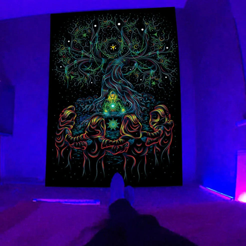 Fluorescent landscape tapestry in multiple colours and sizes with glowing UV effects