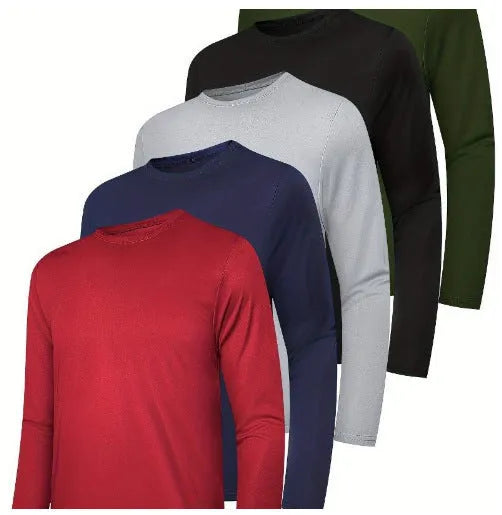 Set of four grey men's lightweight polyester hoodies folded, showing hooded and non-hooded styles.
