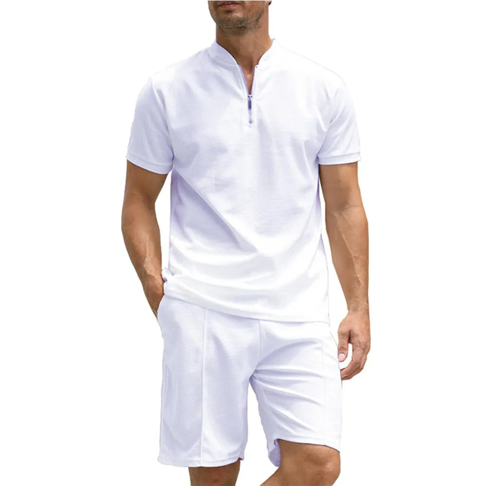 Men's solid colour polo shirt suit set with short sleeves, showing top and trousers in beaded bird's eye fabric