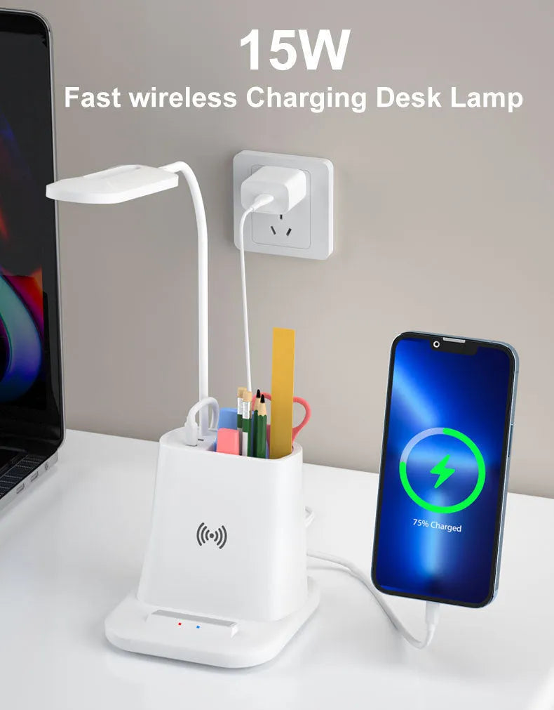 Black wireless charging desk lamp with pen holder, storage box, and USB port on modern desk
