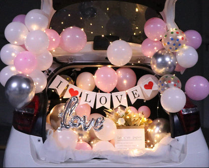 Romantic car trunk proposal decoration kit with balloons, lights, and proposal accessories