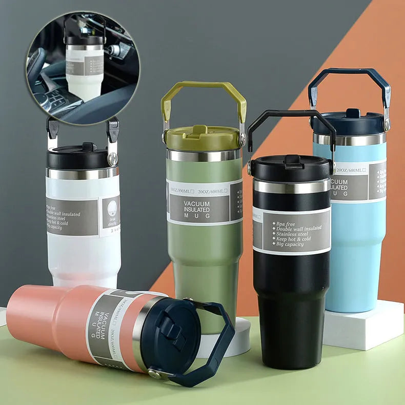 30 oz stainless steel travel tumbler with double-wall vacuum insulation keeps drinks hot for 6+ hours cold for 24 hours portable sports water bottle coffee cup with handle cover available in multiple colours