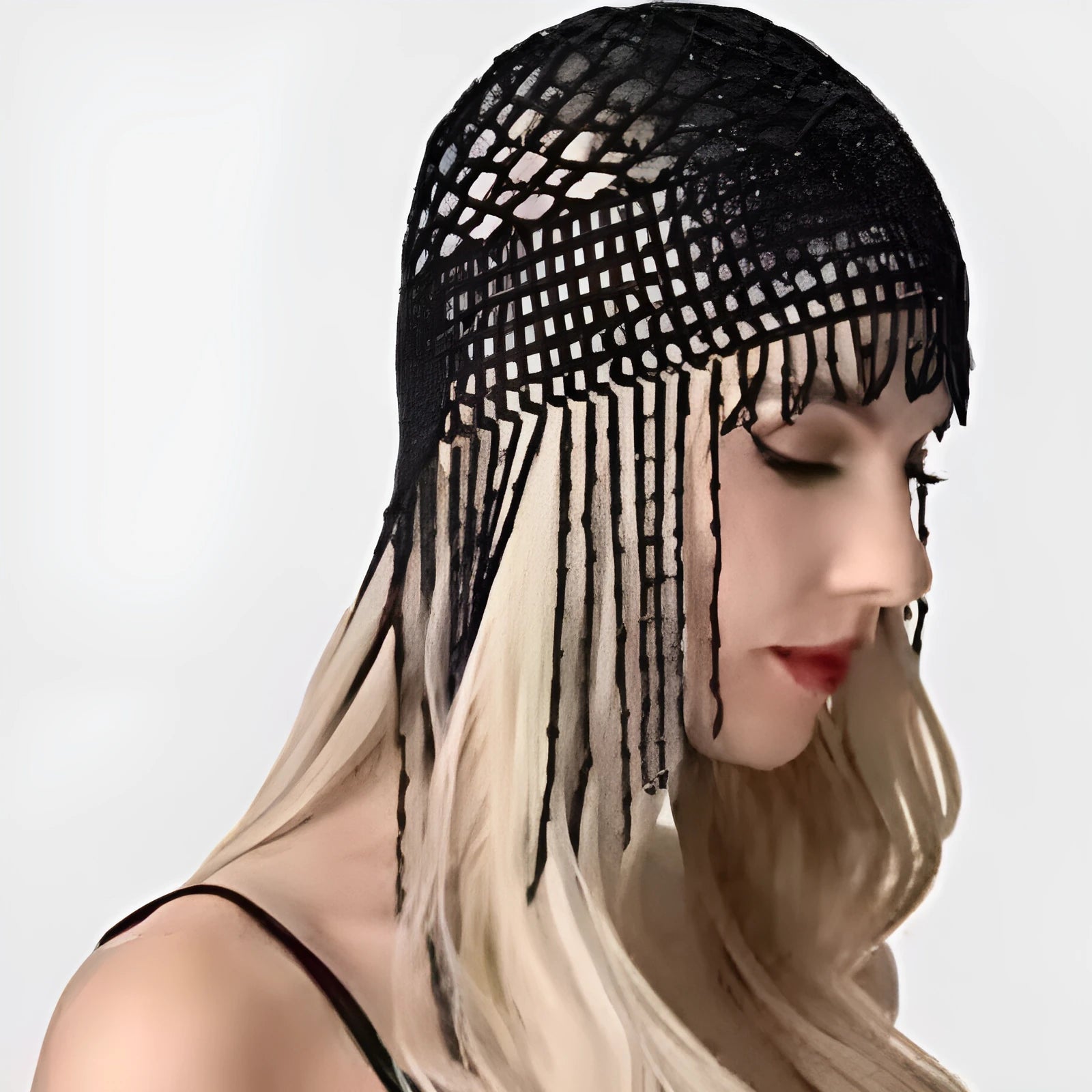 Silver and black belly dance hat with handmade beading and long tassels for performance hair ornamentation