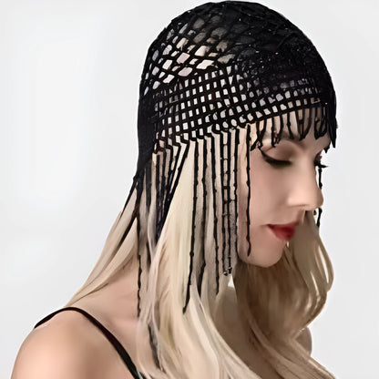 Silver and black belly dance hat with handmade beading and long tassels for performance hair ornamentation