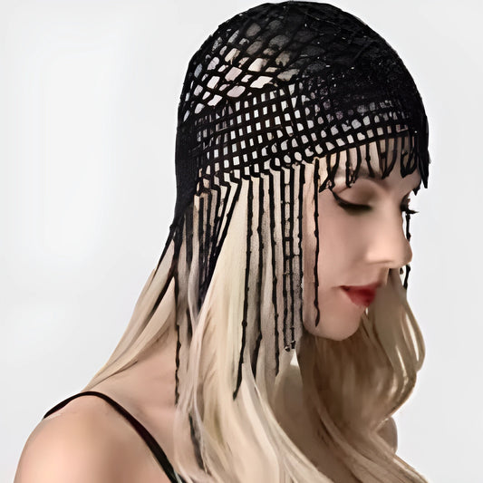 Silver and black belly dance hat with handmade beading and long tassels for performance hair ornamentation