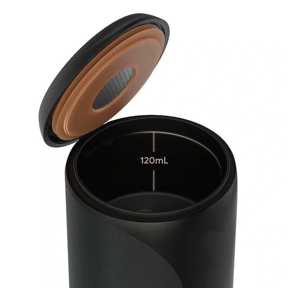 Portable coffee maker with 75mm diameter, dual brewing modes for powder and capsules, showing 9-bar pressure extraction system