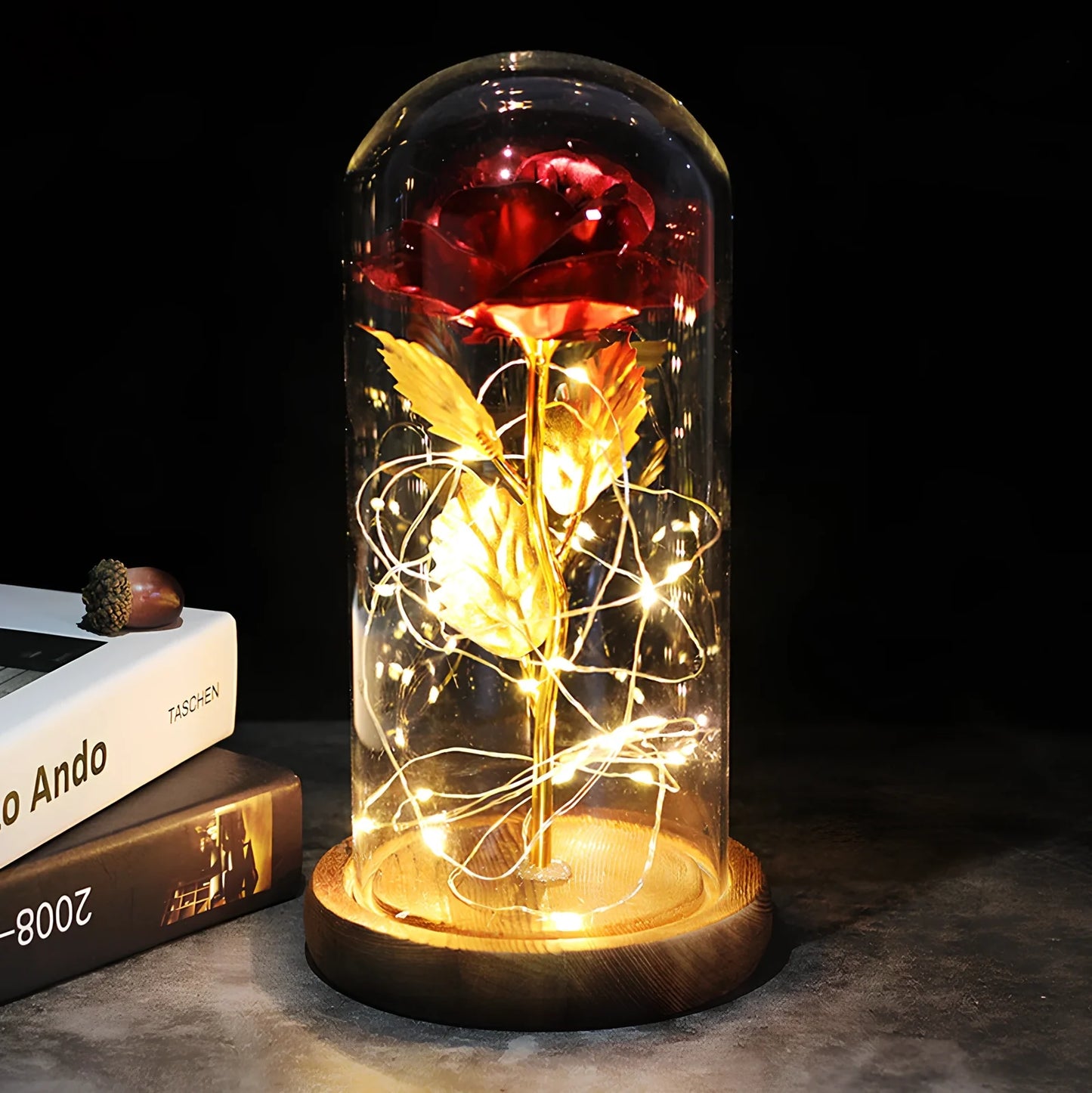 Little Prince rose arrangement under 20x9cm glass dome with gold foil flowers