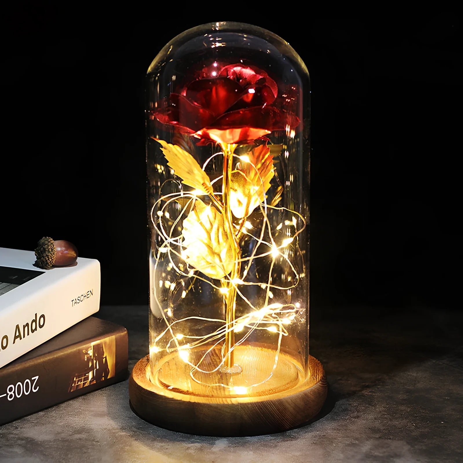 Little Prince rose arrangement under 20x9cm glass dome with gold foil flowers
