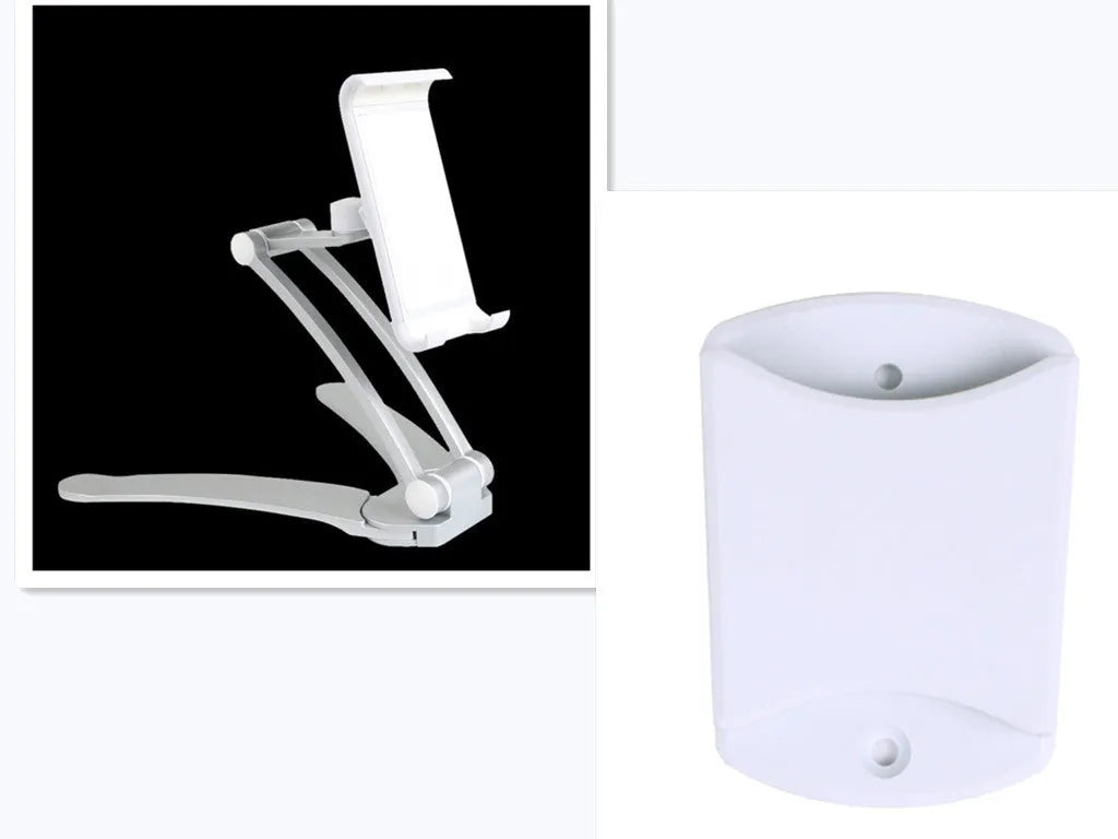 Aluminium alloy desktop tablet stand with adjustable clips on a 23.5cm base, holding a tablet at an angle