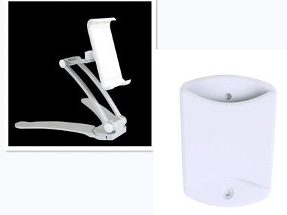 Aluminium alloy desktop tablet stand with adjustable clips on a 23.5cm base, holding a tablet at an angle