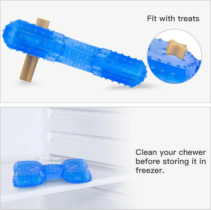 Blue bone-shaped dog teething toy with cooling function and treat compartment for puppies