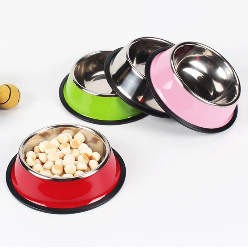 Stainless steel pet bowl with colourful melamine exterior in various sizes with non-slip rubber base