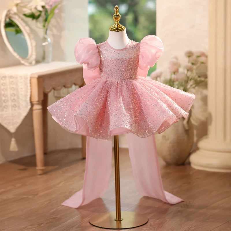 Children's sequined formal dress with puff sleeves and flower girl wedding princess design available in multiple sizes from 80cm to 160cm height for special occasions