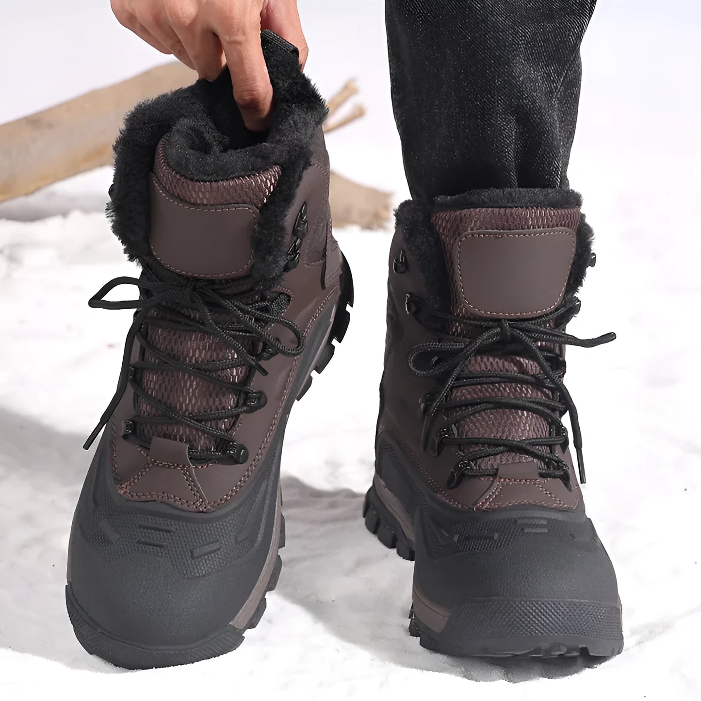 Men's black high-top winter boots with fleece lining and lace-up front on a flat heel