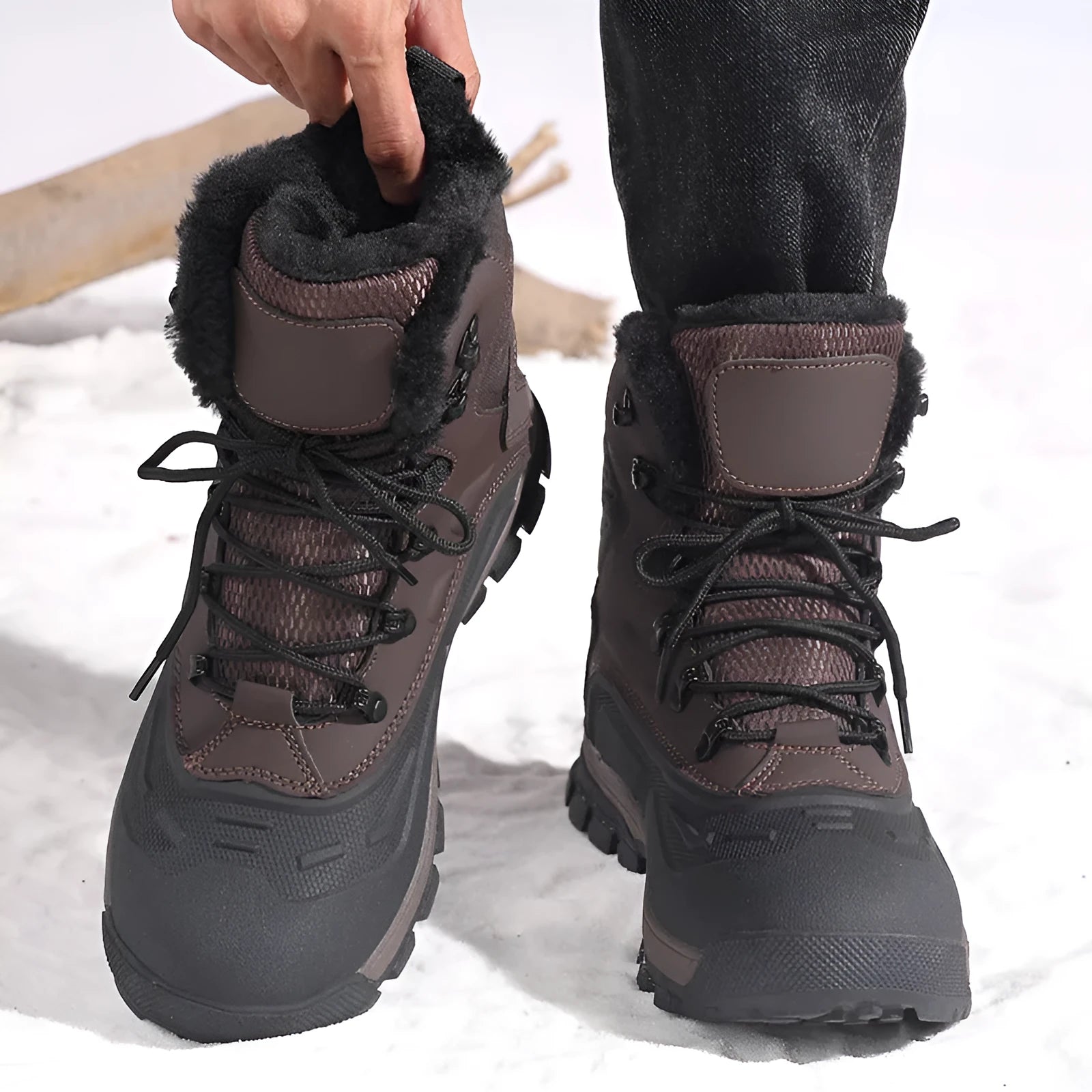 Men's black high-top winter boots with fleece lining and lace-up front on a flat heel