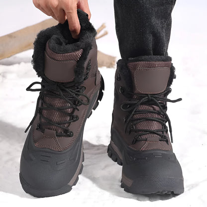 Men's black high-top winter boots with fleece lining and lace-up front on a flat heel