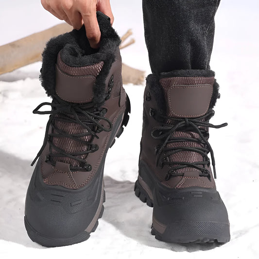 Men's black high-top winter boots with fleece lining and lace-up front on a flat heel