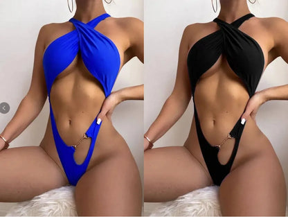 Women's solid blue one-piece swimsuit bikini on a mannequin