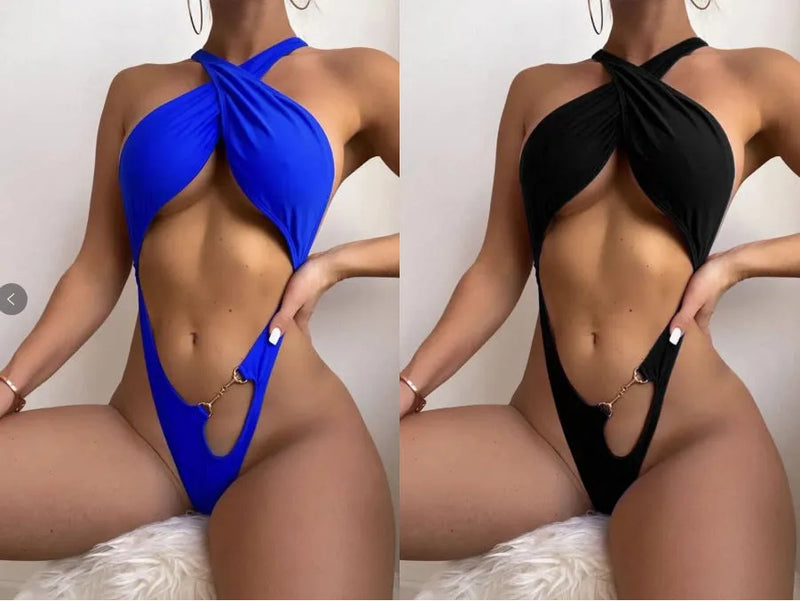 Women's one-piece swimsuit bikini in solid colour blue or black adult sizes S M L made from polyester with spandex lining for swimming and beach wear