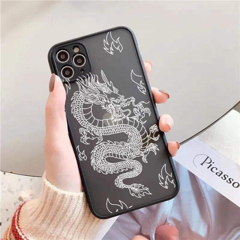 Frosted iPhone case with dragon line art in black, showing Chinese-style painted design and TPU PC back cover.
