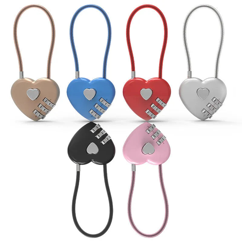 Peach heart-shaped ABS plastic bicycle helmet lock with a long steel cable, shown in various colours.