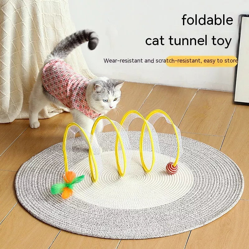 Folded Cat Tunnel S Type with Spring Toy Mouse for interactive cat play