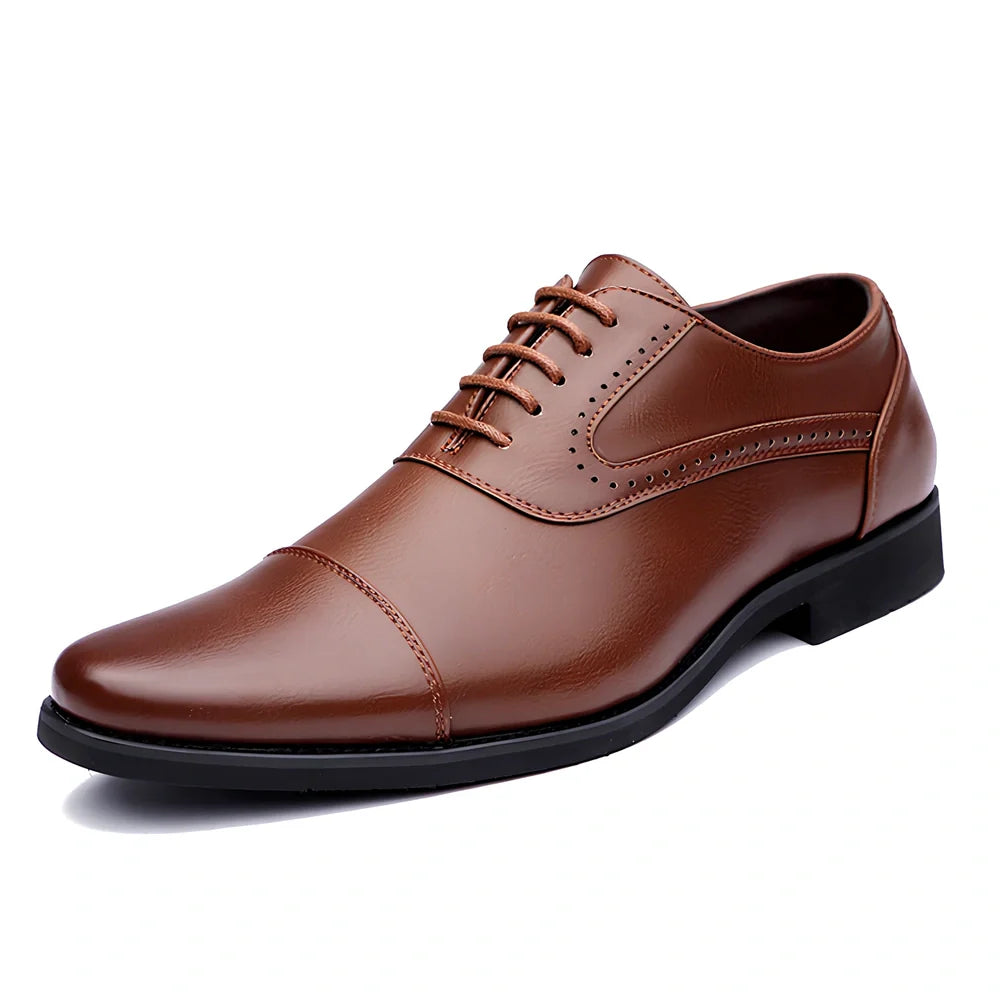 Men's black and brown casual leather shoes with sewing line detailing and rubber soles