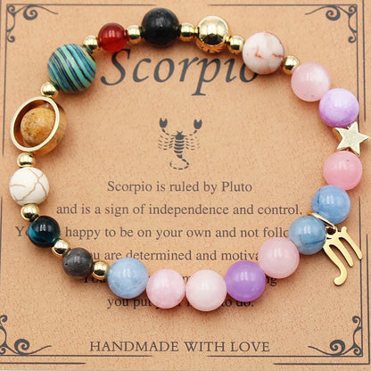 12 Constellation Morgan Stone Beaded Bracelet featuring detailed zodiac signs on 19mm beads