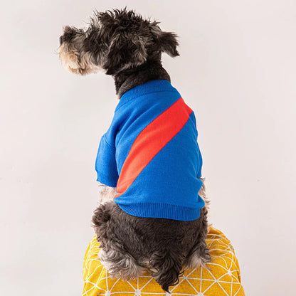 Casual wool knitted dog jumper shown in various colours including black, pink, and blue, sized for small to large breeds.