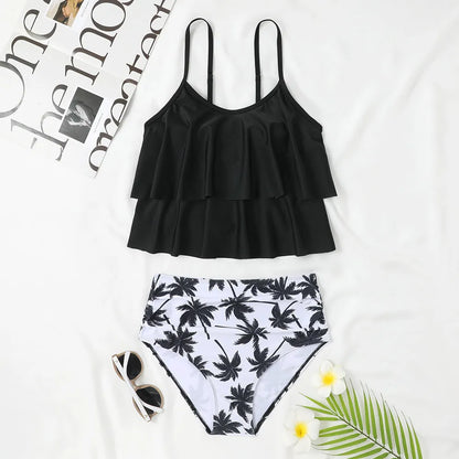 High waist double-layer printed swimsuit with polyester fabric for swimming activities