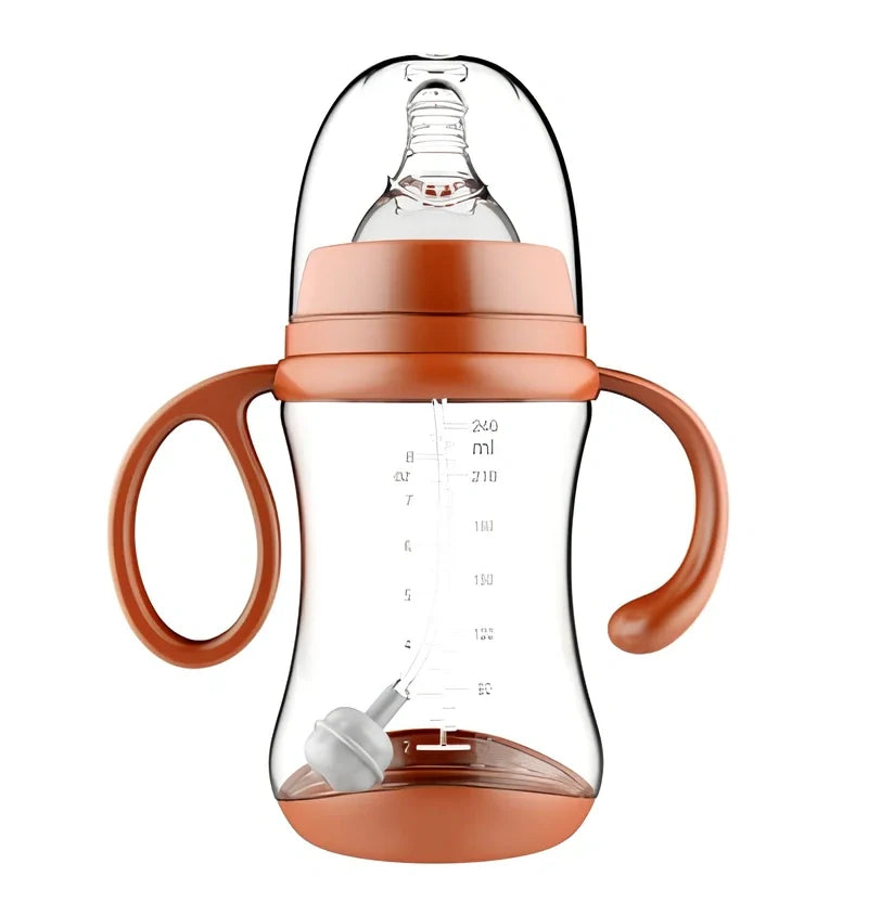 Baby feeding bottle with curved double handles in blue or pink, showing wide caliber opening and transparent PP construction