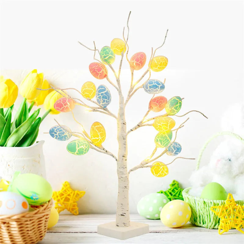 White birch-style LED Easter tree with warm white lights and cracked egg decorations on adjustable branches