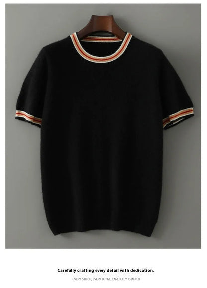 Men's round neck pure wool short sleeve sweater in grey showing 50cm length and regular sleeve design
