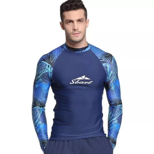 Men's long-sleeved sunscreen swimsuit in blue and green for UV protection