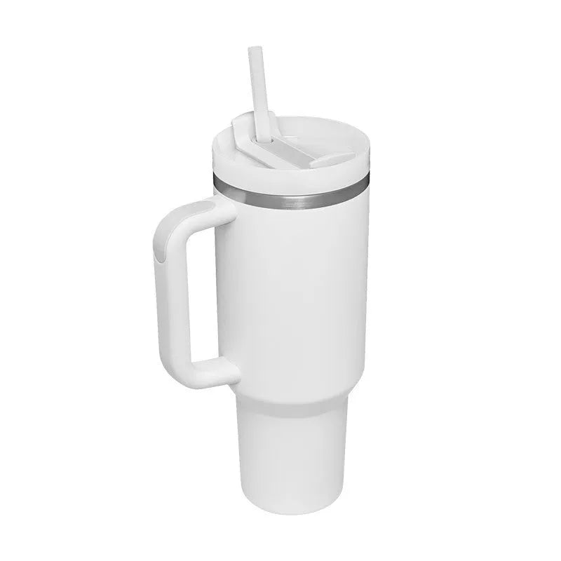40 oz stainless steel insulated tumbler with handle and straw in tapered mug design